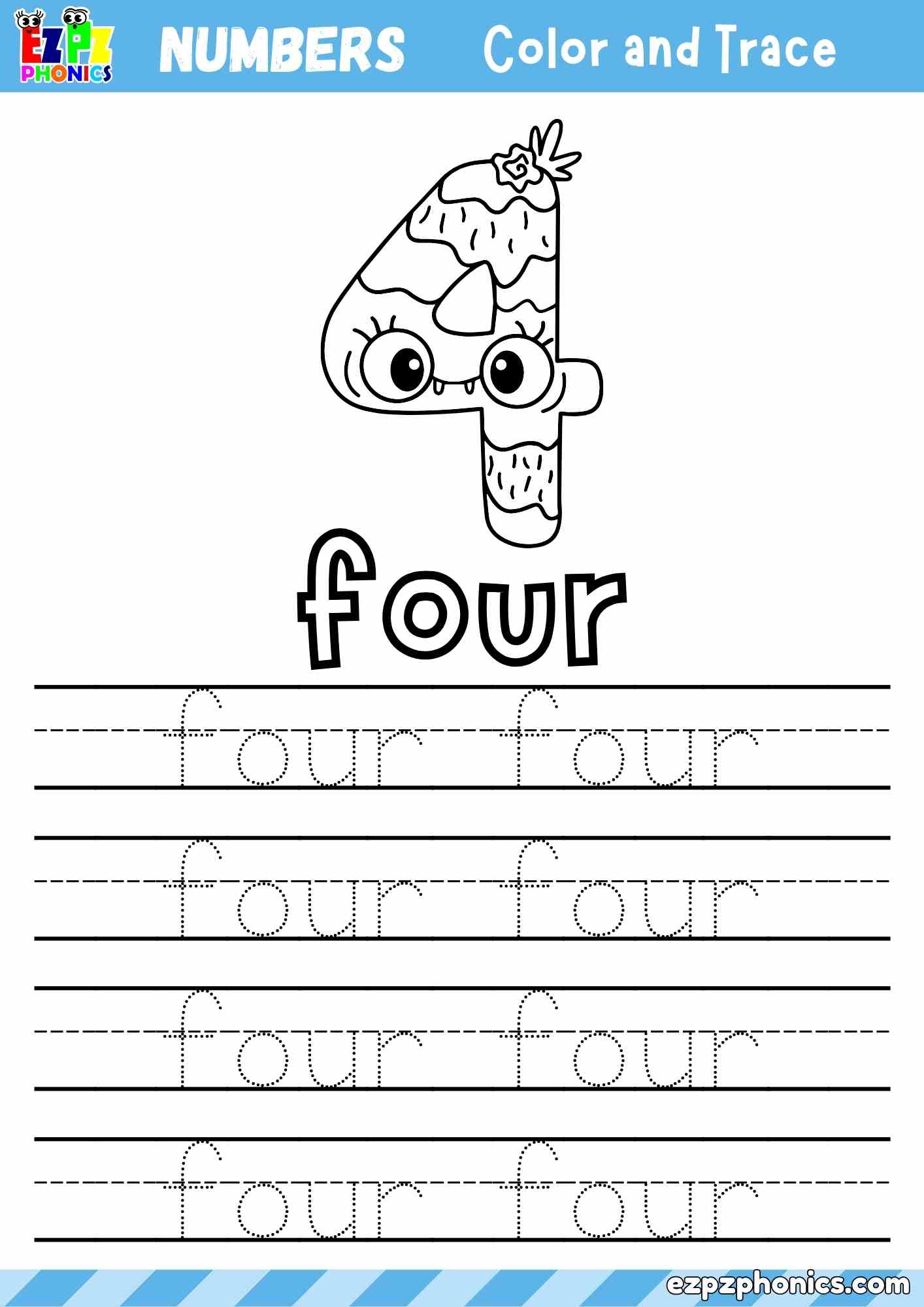 Number Four Word Tracing Activity (Free PDF Download)